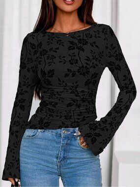 PRETTYGARDEN Black Floral Mesh Top Boat Neck Ruched Asymmetric Long Sleeve XXL